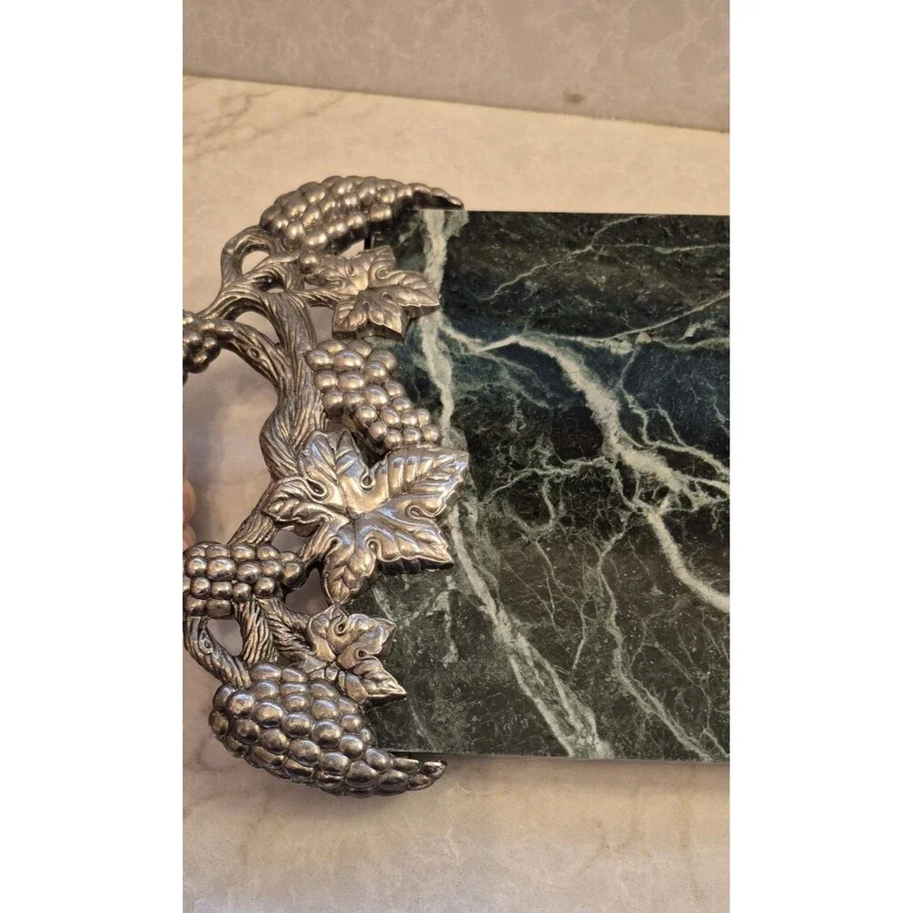 Vintage Godinger Green Marble Serving Tray ornate silver-plated Grape Cluters